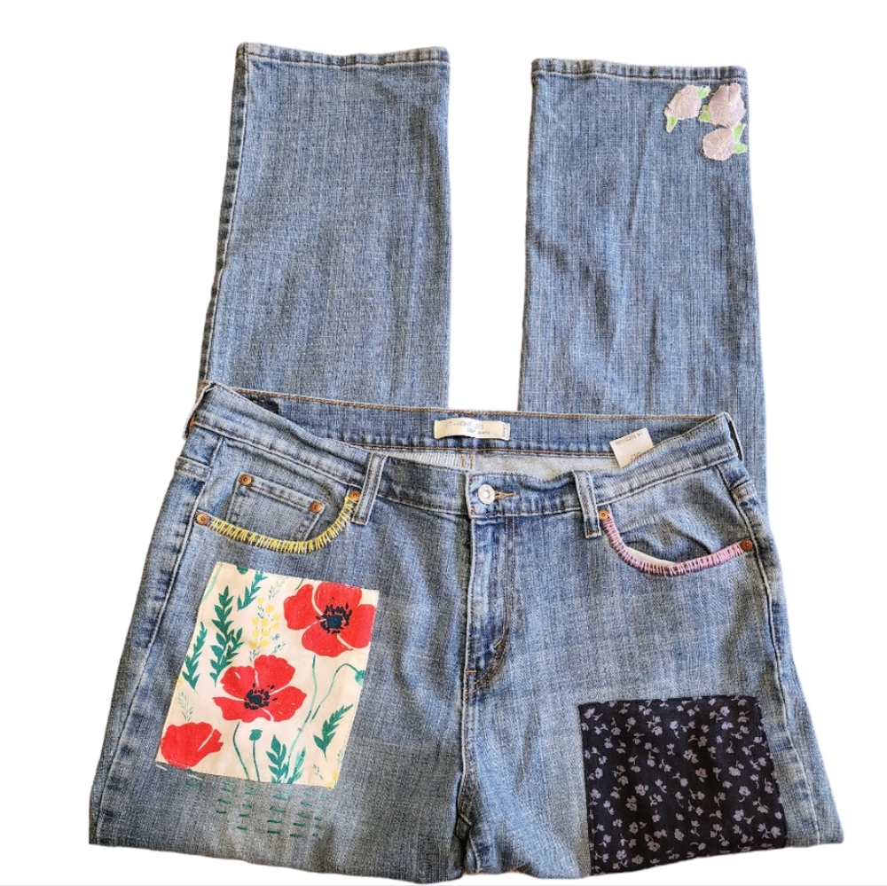 RARE Levi's Women Size 14 Patchwork 505's Straight Jeans High Rise Med Wash Y2K